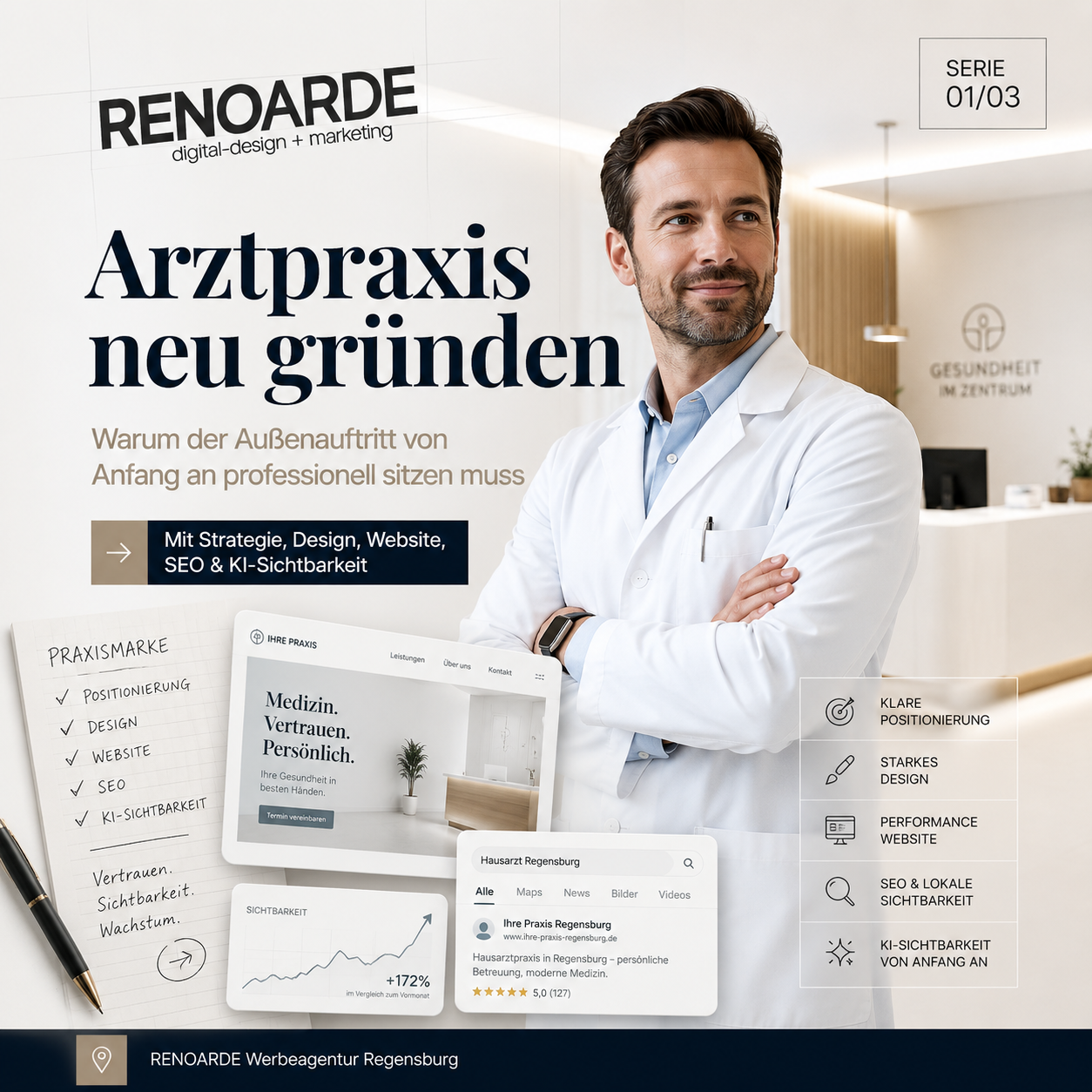 Wer eine Arztpraxis neu gründet, denkt zuerst an Räume, Geräte, Personal, Zulassung, Finanzierung und Organisation. Alles richtig. Aber ein Punkt wird oft zu spät gedacht: der professionelle Außenauftritt.