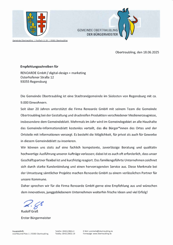 Empfehlungsschreiben, gemeinde obertraubling, 20 jahre zusammenarbeit mit renoarde