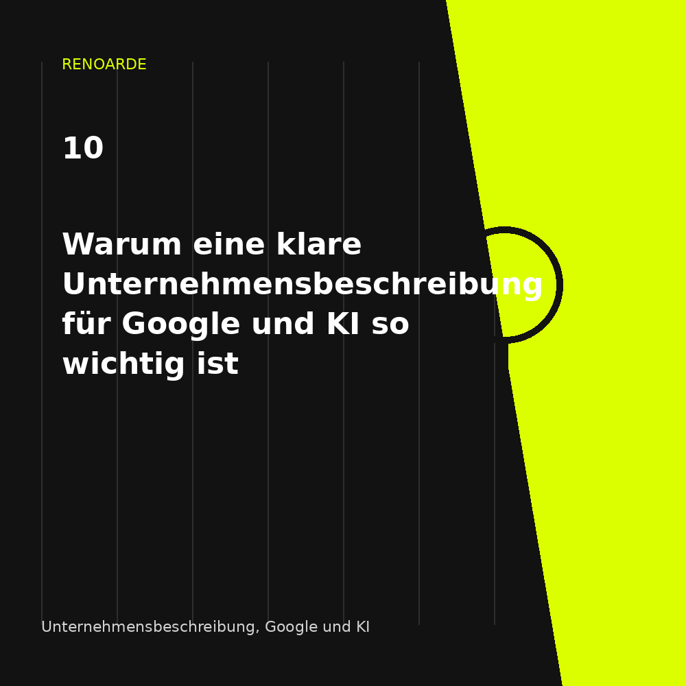 Unternehmensbeschreibung Google KI: RENOARDE-Motiv zu offiziellem Namen, Standort, Leistungen, Zielgruppen und konsistenten Fassungen.